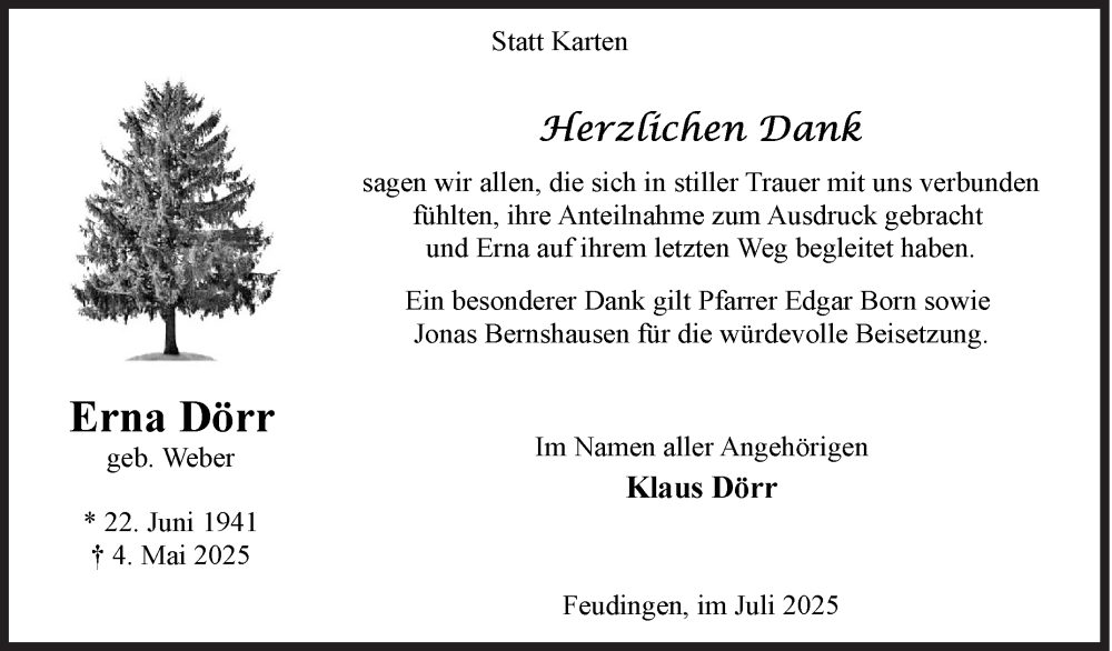  Traueranzeige für Erna Dörr vom 04.07.2025 aus Siegener Zeitung