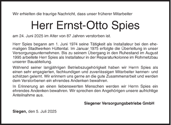 Traueranzeige von Ernst-Otto Spies von Siegener Zeitung