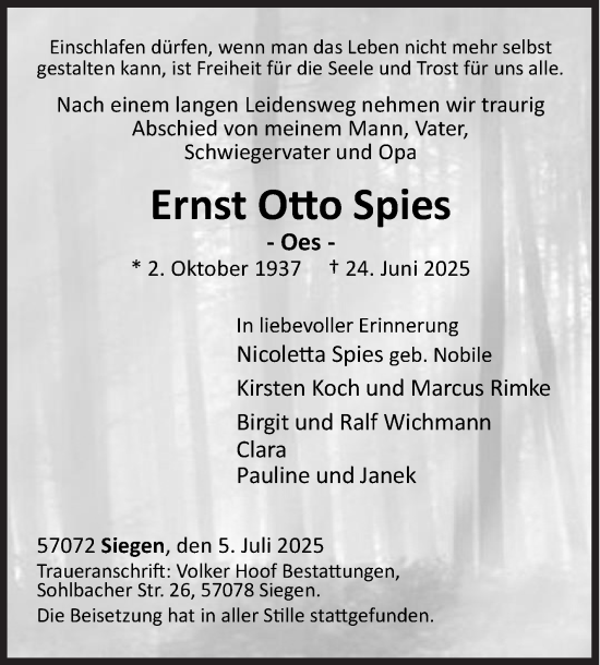 Traueranzeige von Ernst Otto Spies von Siegener Zeitung