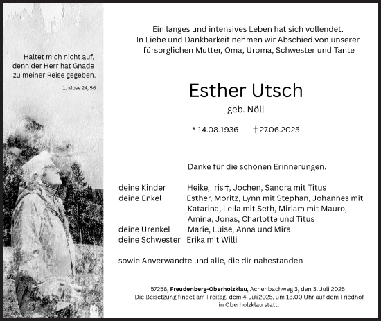Traueranzeige von Esther Utsch von Siegener Zeitung