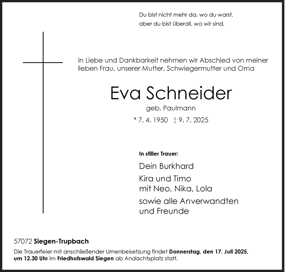  Traueranzeige für Eva Schneider vom 12.07.2025 aus Siegener Zeitung