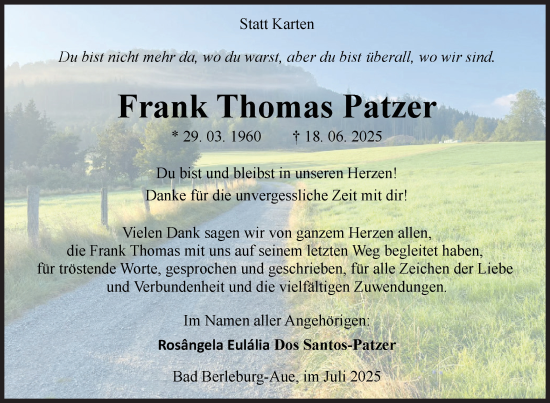 Traueranzeige von Frank Thomas Patzer von Siegener Zeitung