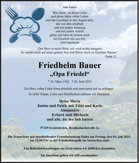 Traueranzeige von Friedhelm Bauer von Siegener Zeitung