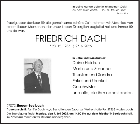 Traueranzeige von Friedrich Dach von Siegener Zeitung