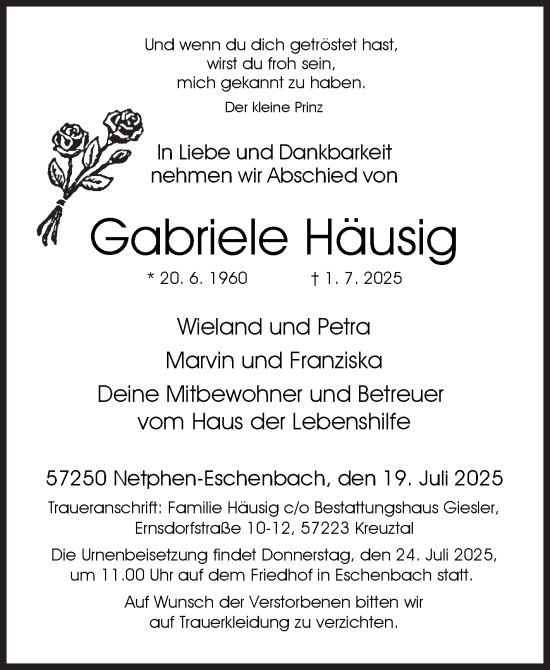 Traueranzeige von Gabriele Häusig von Siegener Zeitung