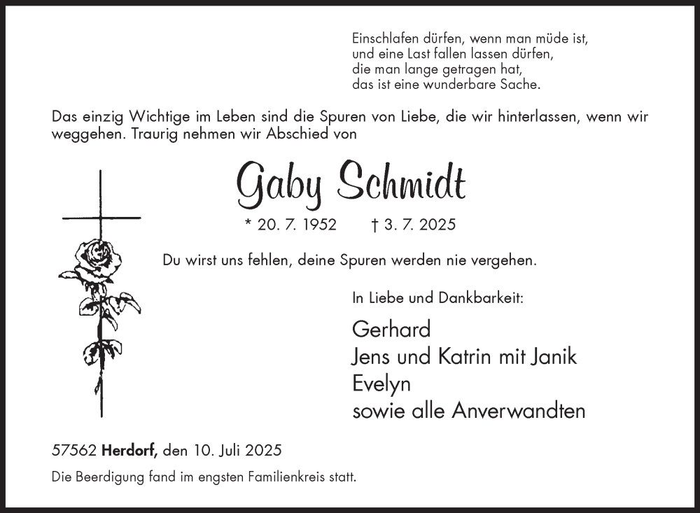  Traueranzeige für Gaby Schmidt vom 10.07.2025 aus Siegener Zeitung