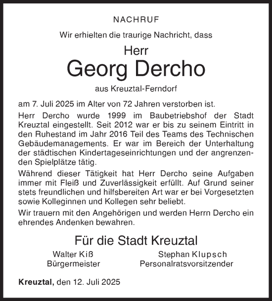 Traueranzeige von Georg Dercho von Siegener Zeitung
