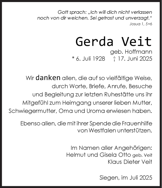 Traueranzeige von Gerda Veit von Siegener Zeitung