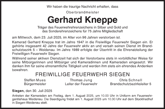 Traueranzeige von Gerhard Kneppe von Siegener Zeitung