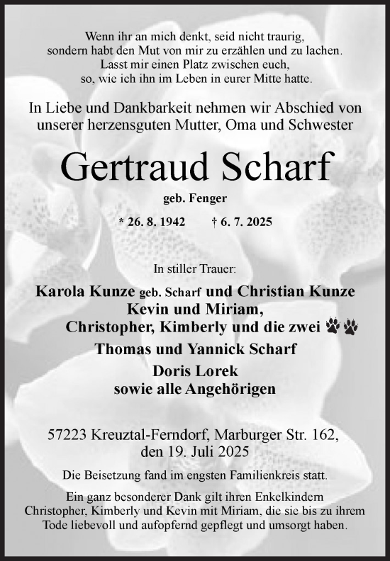Traueranzeige von Gertraud Scharf von Siegener Zeitung