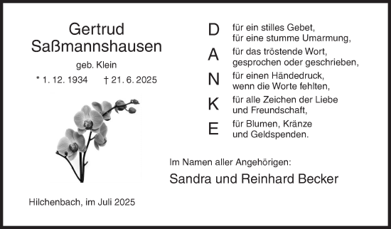 Traueranzeige von Gertrud Saßmannshausen von Siegener Zeitung