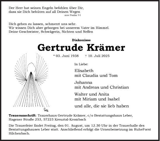 Traueranzeige von Gertrude Krämer von Siegener Zeitung