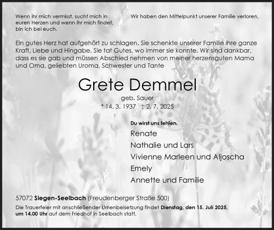Traueranzeige von Grete Demmel von Siegener Zeitung