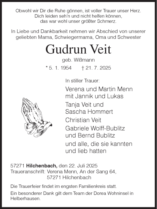 Traueranzeige von Gudrun Veit von Siegener Zeitung