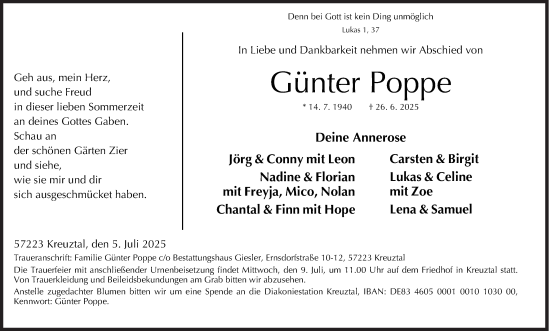Traueranzeige von Günter Poppe von Siegener Zeitung