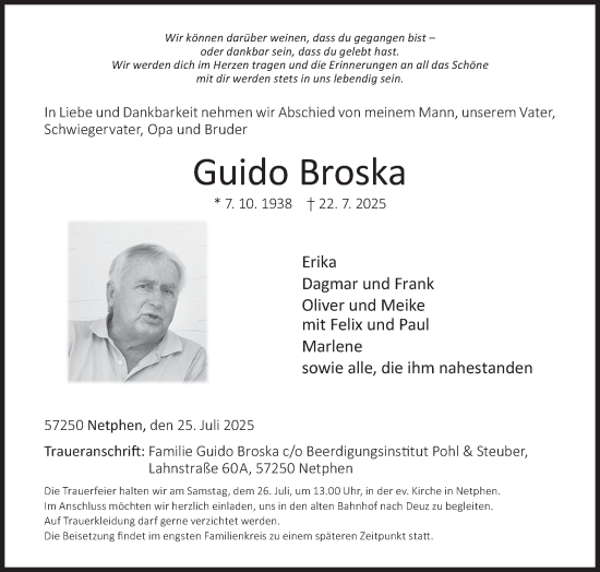 Traueranzeige von Guido Broska von Siegener Zeitung