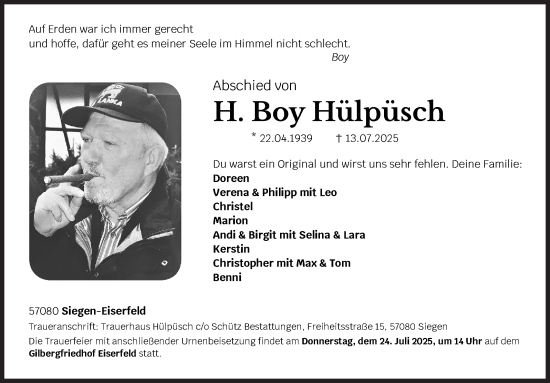 Traueranzeige von H. Boy Hülpüsch von Siegener Zeitung