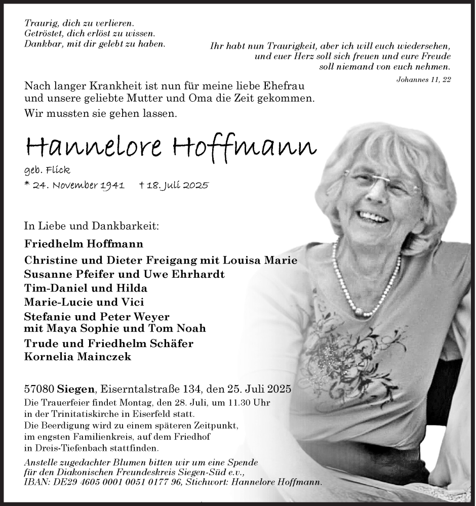  Traueranzeige für Hannelore Hoffmann vom 25.07.2025 aus Siegener Zeitung