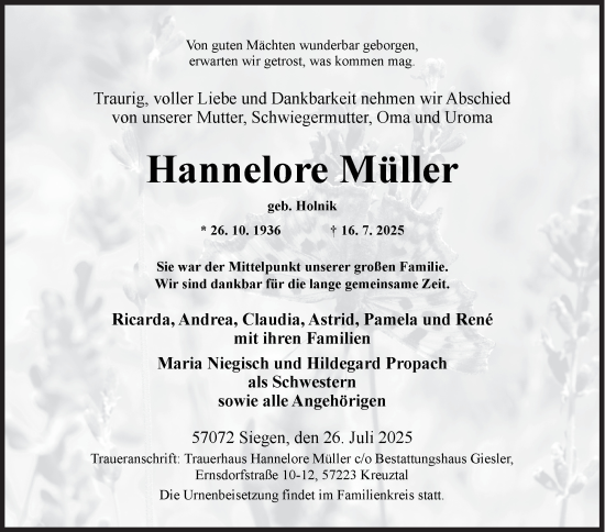 Traueranzeige von Hannelore Müller von Siegener Zeitung
