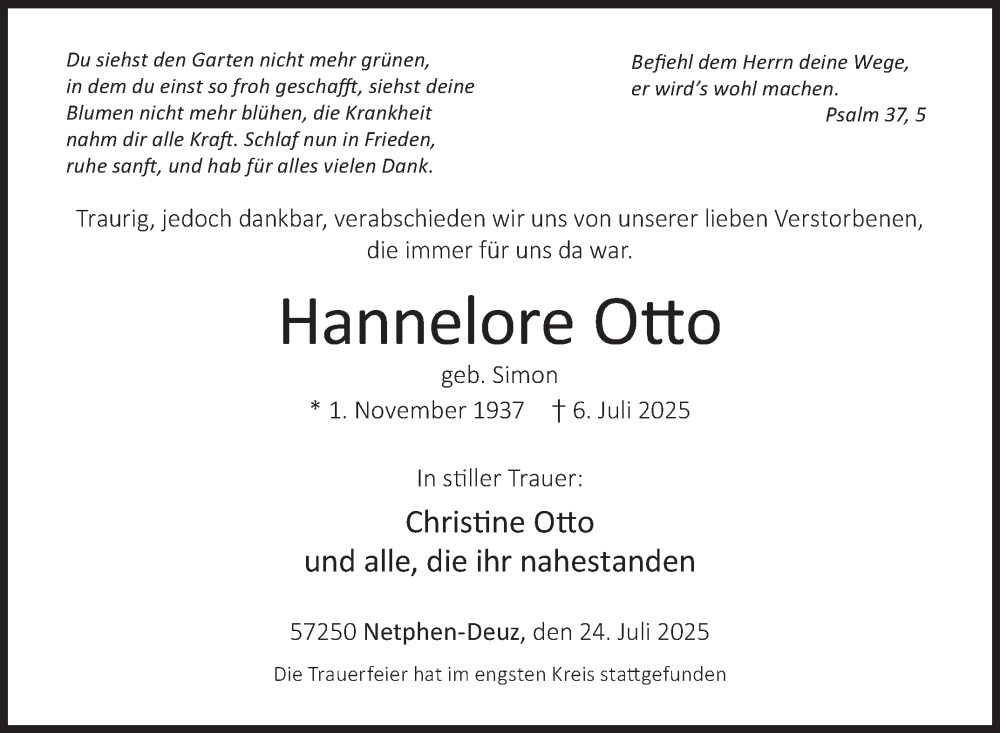  Traueranzeige für Hannelore Otto vom 24.07.2025 aus Siegener Zeitung