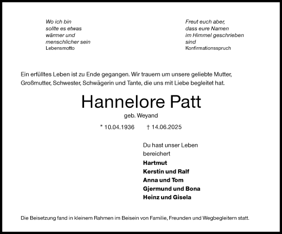 Traueranzeige von Hannelore Patt von Siegener Zeitung