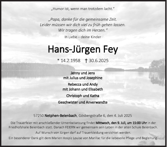 Traueranzeige von Hans-Jürgen Fey von Siegener Zeitung