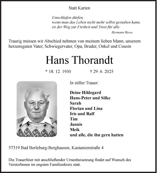 Traueranzeige von Hans Thorandt von Siegener Zeitung