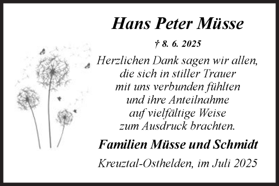 Traueranzeige von Hans Peter Müsse von Siegener Zeitung