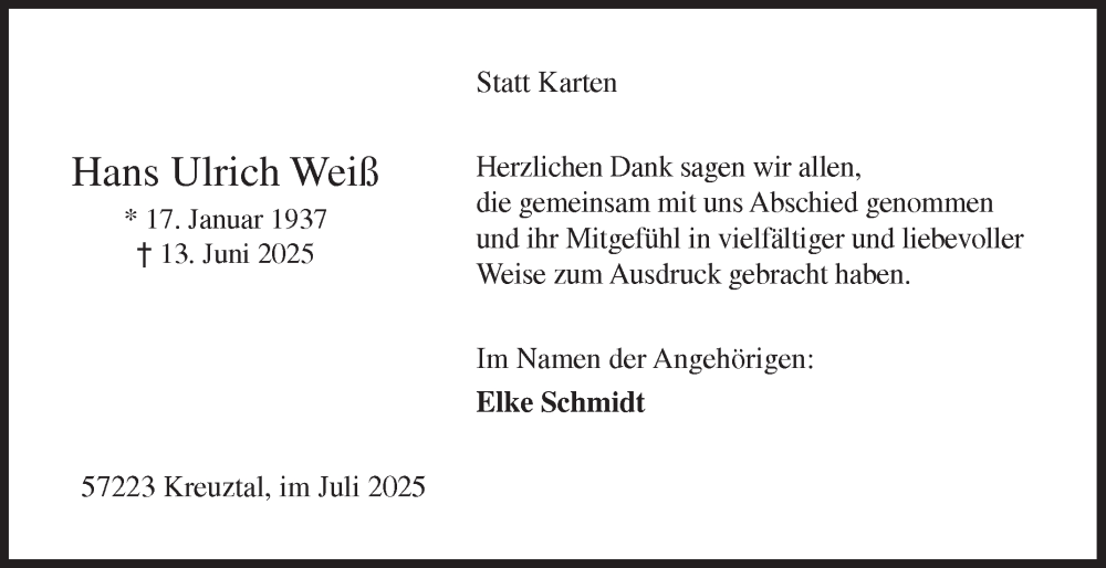  Traueranzeige für Hans Ulrich Weiß vom 19.07.2025 aus Siegener Zeitung