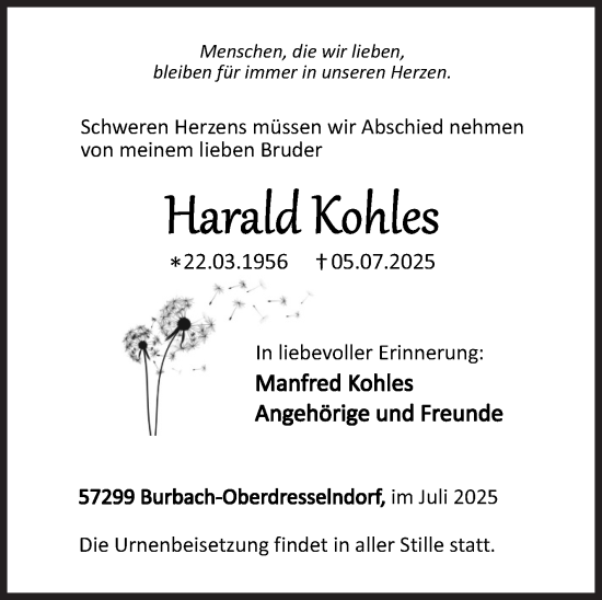Traueranzeige von Harald Kohles von Siegener Zeitung
