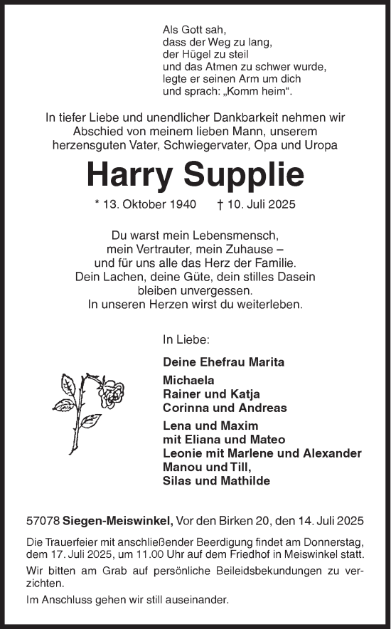 Traueranzeige von Harry Supplie von Siegener Zeitung