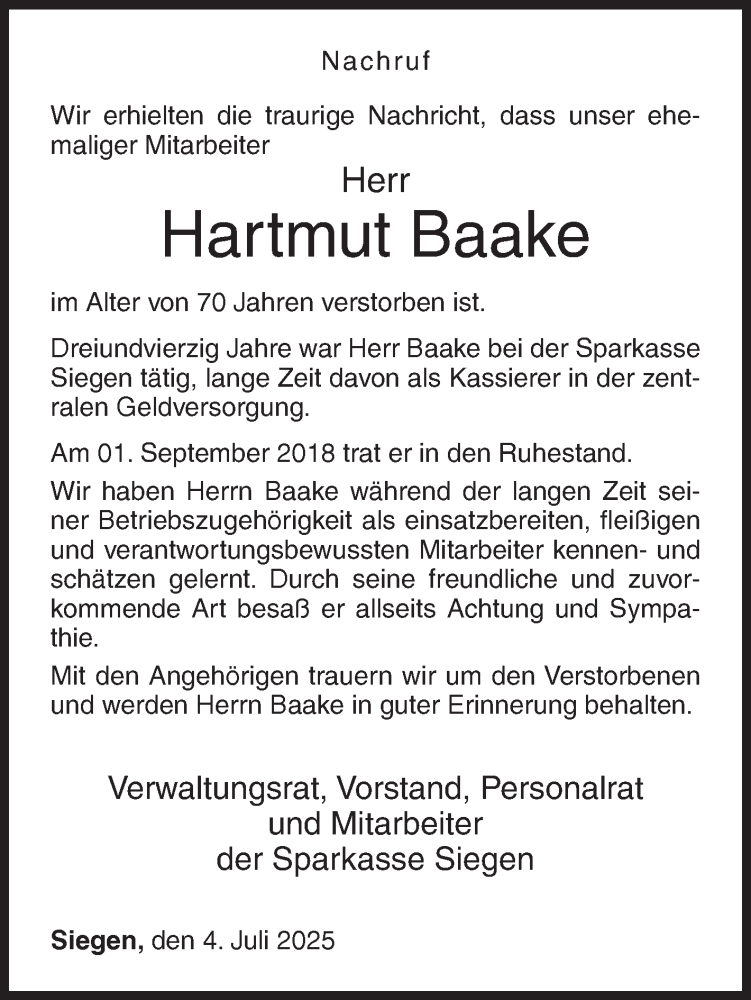  Traueranzeige für Hartmut Baake vom 04.07.2025 aus Siegener Zeitung