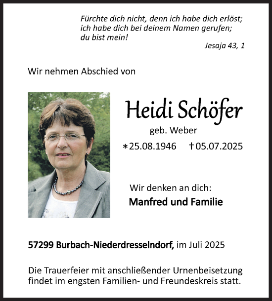 Traueranzeige von Heidi Schöfer von Siegener Zeitung