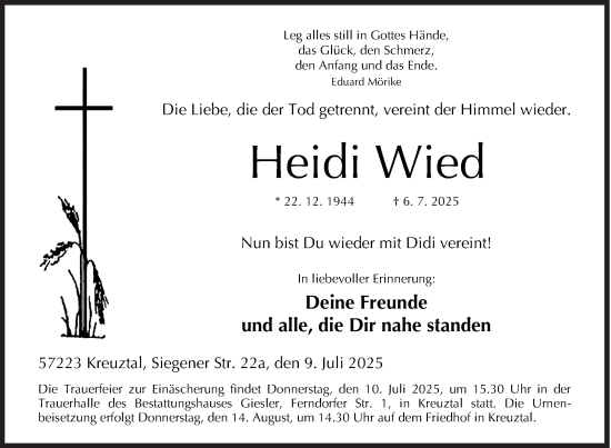Traueranzeige von Heidi Wied von Siegener Zeitung