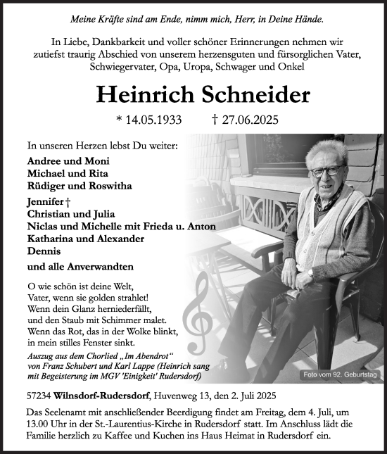 Traueranzeige von Heinrich Schneider von Siegener Zeitung