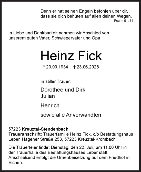 Traueranzeige von Heinz Fick von Siegener Zeitung