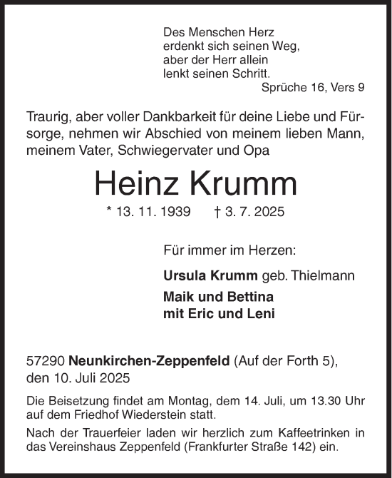 Traueranzeige von Heinz Krumm von Siegener Zeitung