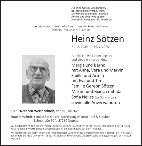 Traueranzeige von Heinz Sötzen von Siegener Zeitung