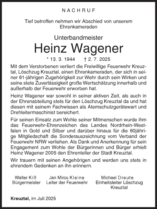 Traueranzeige von Heinz Wagener von Siegener Zeitung
