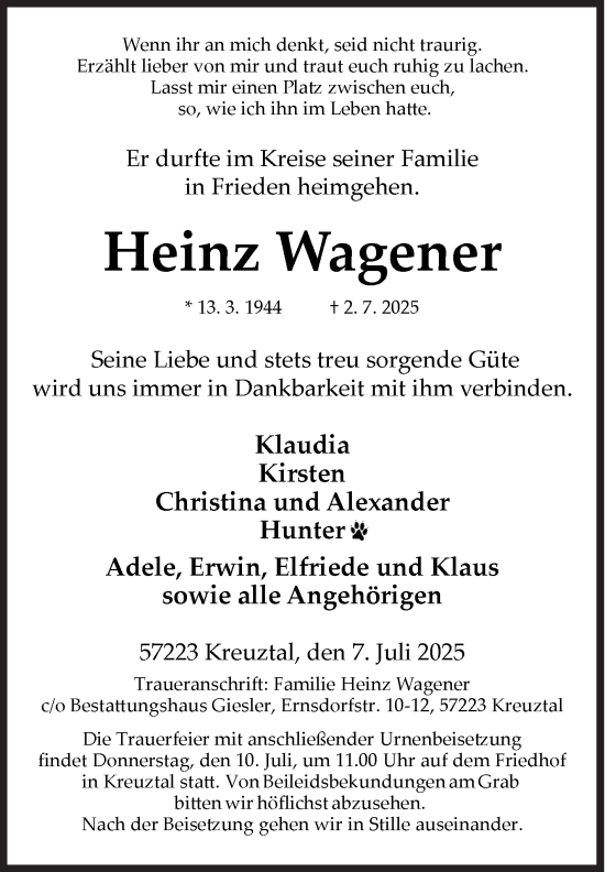 Traueranzeige von Heinz Wagener von Siegener Zeitung