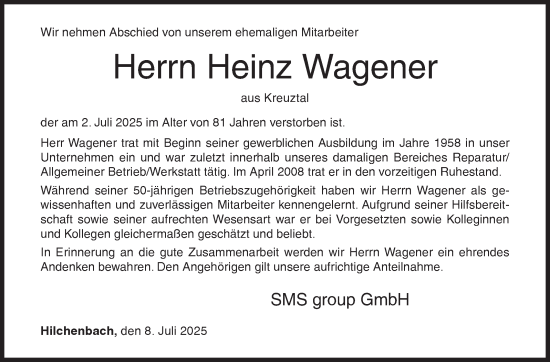 Traueranzeige von Heinz Wagener von Siegener Zeitung