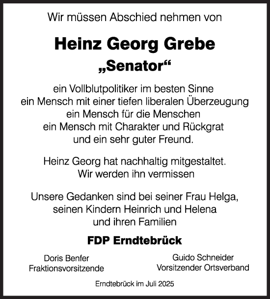Traueranzeige von Heinz Georg Grebe von Siegener Zeitung