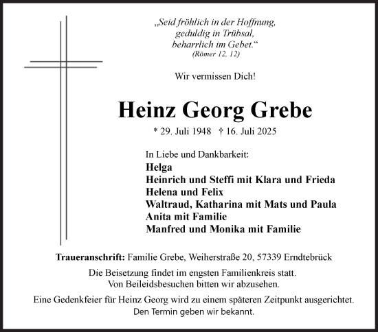 Traueranzeige von Heinz Georg Grebe von Siegener Zeitung