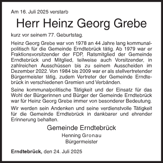 Traueranzeige von Heinz Georg Grebe von Siegener Zeitung