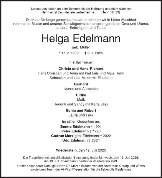 Traueranzeige von Helga Edelmann von Siegener Zeitung