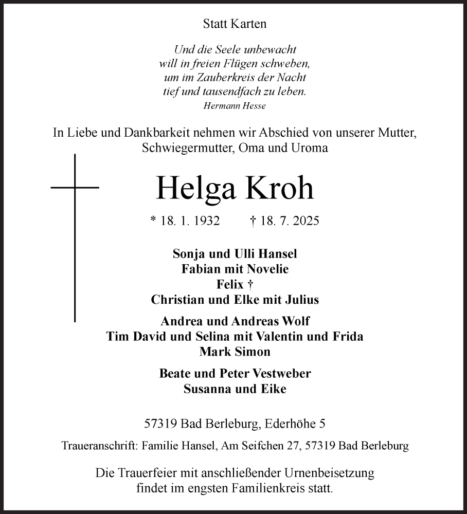  Traueranzeige für Helga Kroh vom 23.07.2025 aus Siegener Zeitung