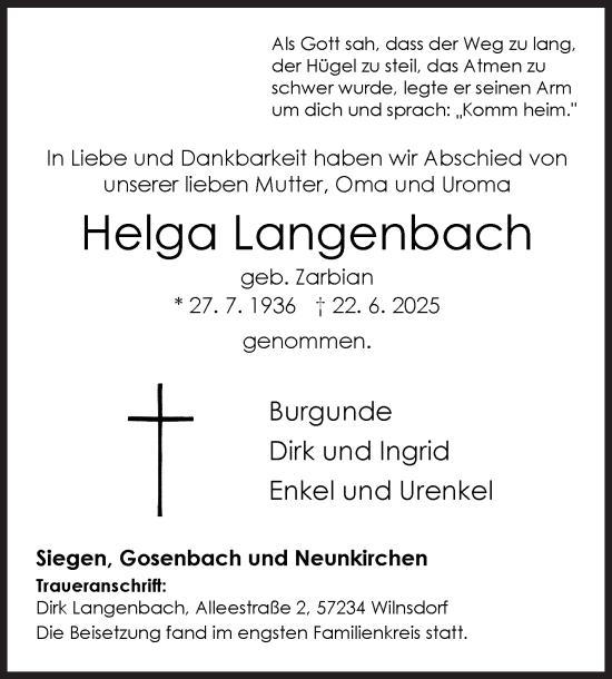 Traueranzeige von Helga Langenbach von Siegener Zeitung