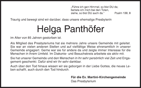 Traueranzeige von Helga Panthöfer von Siegener Zeitung