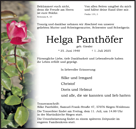 Traueranzeige von Helga Panthöfer von Siegener Zeitung