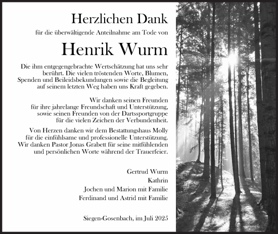 Traueranzeige von Henrik Wurm von Siegener Zeitung